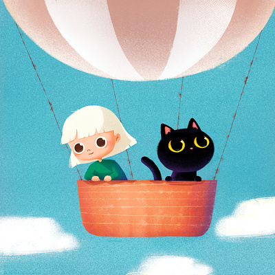 Sky travel 🎈 air balloon black cat cat character character design cute digitaldrawing doodle drawing girl character illustration ipad painting photoshop picturebook sky