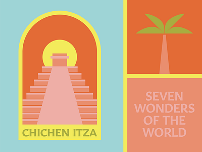 Chichen Itza - Mexico beach chichen itza culture green illustration maya mexico orange palm palm trees pink pyramids summer travel traveling tulum wonders of the world