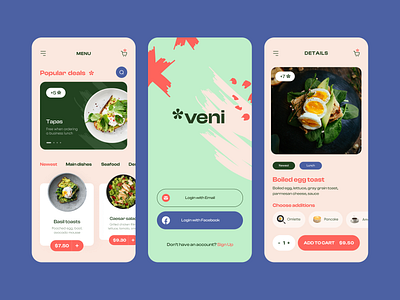 Veni - Mobile App Design for Food Delivery. brand design branding clean delivery delivery app food food delivery logo minimal mobile app mobile app design mobile design restaurant ui design