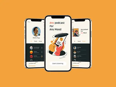Podcast App Concept app design audio branding concept figma friend list orange podcast profile page sketch splash page ui