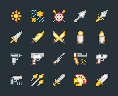 Weapons & Armor Icons ammunition armor assassin blade dagger equipment firearm gun helmet icons kalashnikov machete ninja rifle shield shuriken sword throwing weapon vector weapon