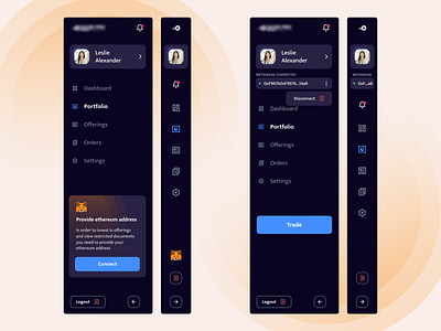 Sidebar design blockchain categories connect crypto cryptocurrency design ethworks logout menu metamask platform profile sidebar trading
