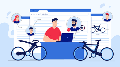 Bike shop art bike bike shop buy cartoon character design graphic design illustration market online shopping online store order people sell web illustration