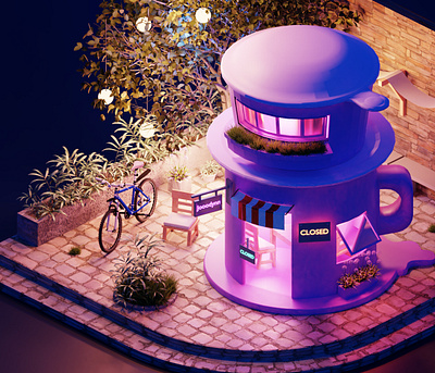 Closed 3d 3d modeling blender city coffee shop illustration moon night urban vietnamese coffee