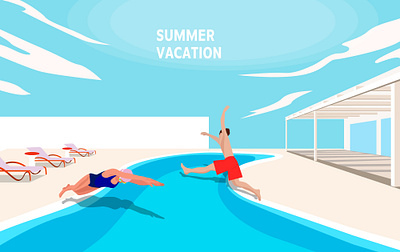 SUMMER VACATION beach bench clouds design house illustration jump landscape memory people pool scene sea sky summer vacation vector water イラスト