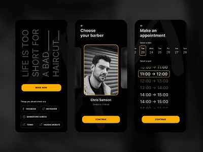 Barber Shop App UI app barber dark design ios mobile screen ui ui design user experience yellow