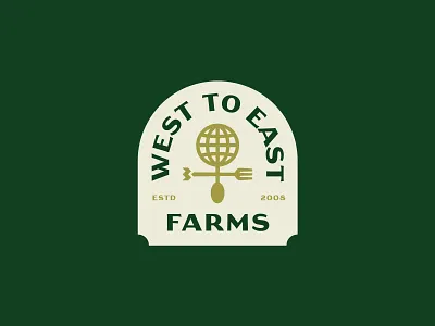 West to East Farms badges branding earth farm fork identity illustration logo monogram packaging print spoon typography weather vane world