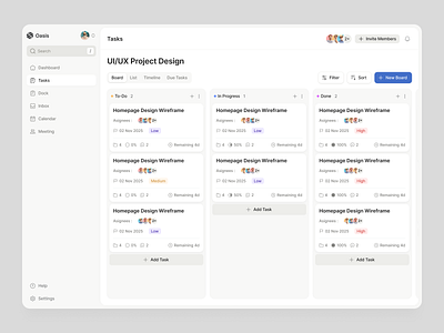 Oasis - Task Management Dashboard brand identity branding card dashboard design kanban minimalist productivity project management project management web task task management task management web task tracker to do ui ux website work