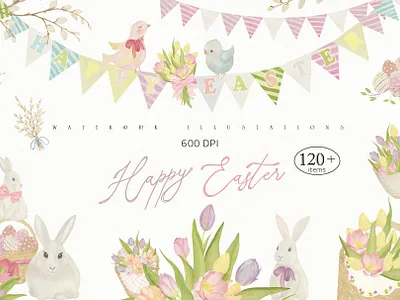 Watercolor Happy Easter 600 DPI 600 dpi bunny clipart celebration colored eggs easter easter bundle easter clipart easter collection easter set egg hunt greeting hand painted watercolor art happy easter illustration invitation spring bunny spring flowers watercolor watercolor painting