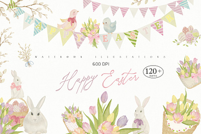 Watercolor Happy Easter 600 DPI 600 dpi bunny clipart celebration colored eggs easter easter bundle easter clipart easter collection easter set egg hunt greeting hand painted watercolor art happy easter illustration invitation spring bunny spring flowers watercolor watercolor painting