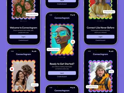 Social media app onboarding screens cards colorful concept emoji facebook instagram login mobile mobileapp mockup multicolor onboarding product design purple reactions signup snapchat socialmedia splash ui