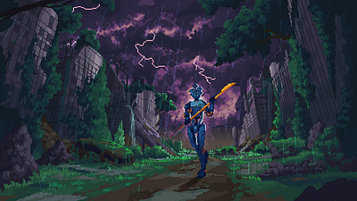 Thunderstorm robot walk dark environment fantasy pixel pixel art robot scifi thunder