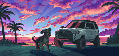 Car Ride Gang car colorful dog illustration pixel pixelart sunset