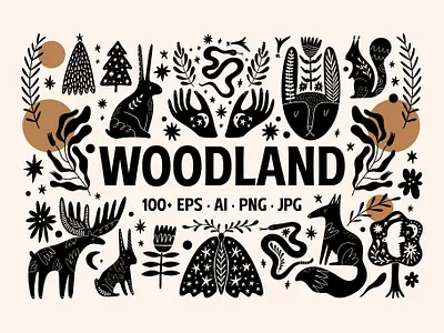 Woodland Bundle animals black and white woodland