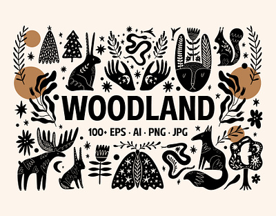 Woodland Bundle animals black and white woodland