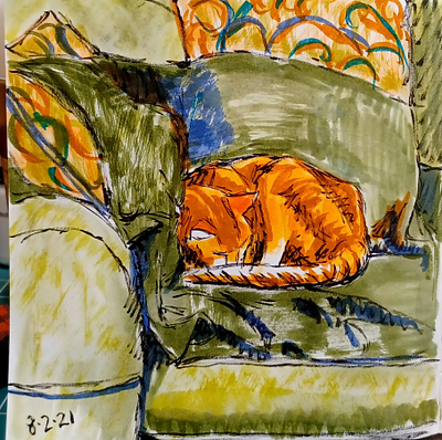 Jasper Napping cat hand drawn illustration ink pens sketch