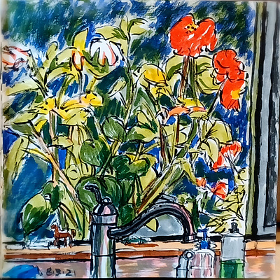 Kitchen Window View floral hand drawn illustration ink pens sketch