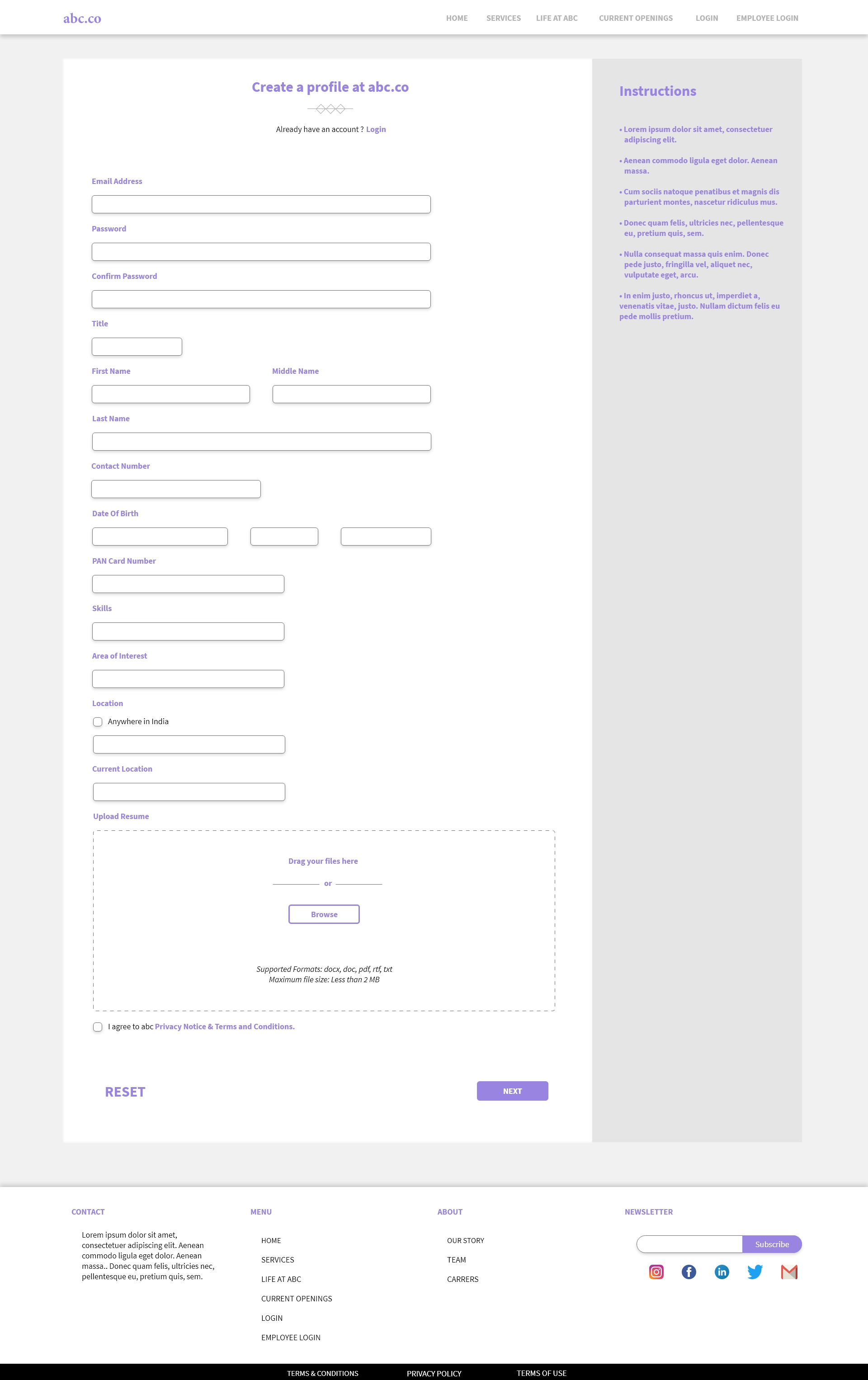 Example of abc wireframe signup
