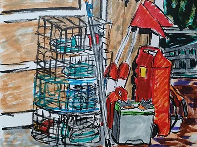 Crab Pots at Rest hand drawn illustration ink pens sketch