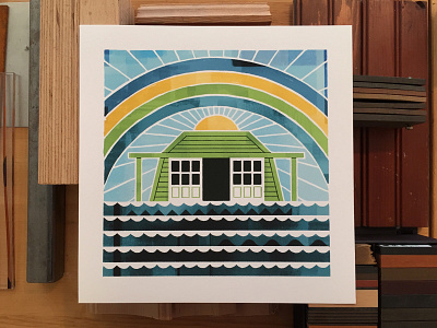 Boathouse Print art print boat boat house boathouse building crew giclee giclee print house illustration lake ocean print prints rainbow rowing sky summer sun water