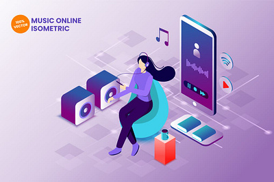 Isometric Music Online Vector Illustration 3d animation 3d art 3d character 3d illustration app application artist band design illustration internet isometric logo musician online page technology ui vector website