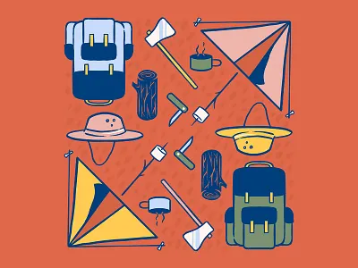 Happy camper! axe backpack camping grid hat illustration knolling marshmallow outdoors summer tent