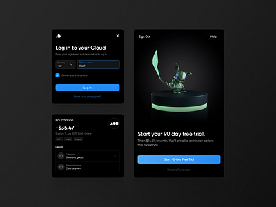 Random UI Elements/Components billing card category cell dark ui dashboad game help history interface login modal nft payment purchases sign up subscription trial ui ux