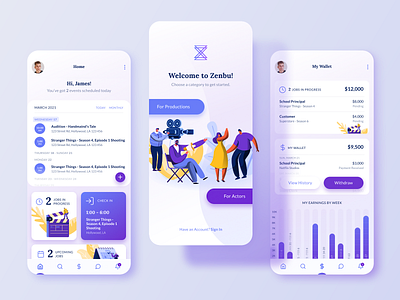 Zenbu Mobile App - UX/UI design acting actors app app design art direction branding mobile app desing producer product design production studio social social media ui ui design ux ux design vector visual branding design zenbu zenbu app