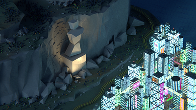 Polytropolis - 2021-22 Polysthetic Header Image 3d animation art city cyberpunk game lights low poly night pixel statue