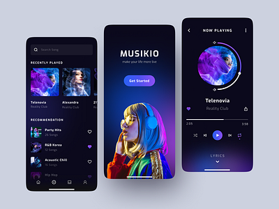 MUSIKIO • Music Streaming App app clean dark dark mode design gradient graphic design minimal mobile mobile app mobile design mobile design app music music app music streaming app ui ux