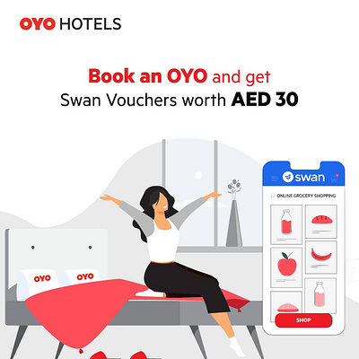 Vector design concept - lady relaxing on bed and mobile app ad banner bed branding color design concept dubai graphic design illustration lady mobile app mohamed saquib red relaxing saquib sheikh social media vector illustration voucher design white background woman