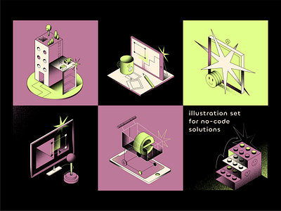 illustration set: no-code platform business colours illustration illustration set isometric no code onboarding vector