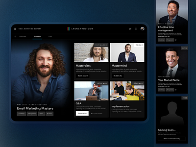 LaunchYou. Mentoring platform for online-business grow business cards coaching courses dark theme design education interface marketing mentoring platform ui ui ux ux web