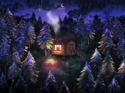 Night Forest 2d art couple digital digital illustration digitalart digitalpainting drawing forest graphic design house illustration magic moon night painting rain romantic shot trees