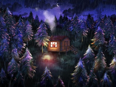 Night Forest 2d art couple digital digital illustration digitalart digitalpainting drawing forest graphic design house illustration magic moon night painting rain romantic shot trees