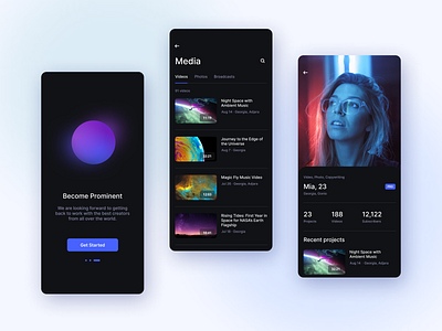 Mobile App for Content Creators black blue clean creators dark gradient mobile app design navigation onboarding profile space statisctics tabs tags ui universe ux video