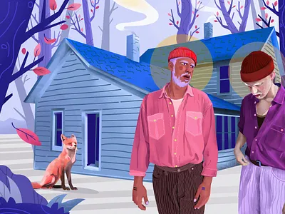 Stopping by Woods animal autumn cabin color face fall forest fox hipster house illustration leaves life man manly men portrait smoke tree wood