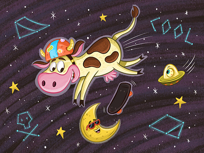 Over the Moon childrens illustration constellations cow galaxy illustration kidlit procreate skate skateboarding skating space stars ufo