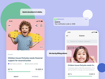 Charity App Mobile App app mobile app ux charity app donation ios message mobile app mobile design orphan patrons product product page progress bar search trend ui ux ui cards ui design ui elements ui8