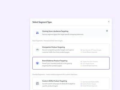 Sponsored Display Segment Picker ad manager app design data visualization marketing tool modal product design ui