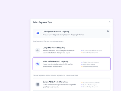 Sponsored Display Segment Picker ad manager app design data visualization marketing tool modal product design ui