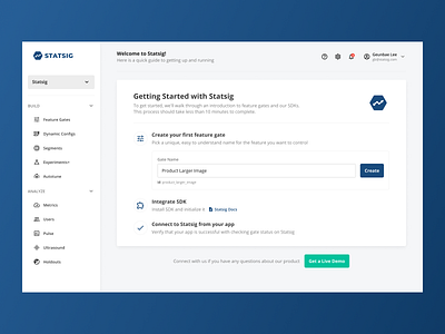 Getting Started with Statsig b2b dashboard design developer experiment onboarding saas tool ui ux