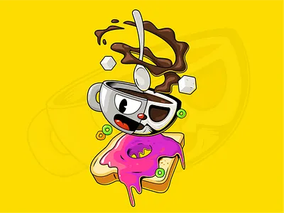 Breakfast bread cartoon character coffee cup cup head cuphead game illustrator toast vector