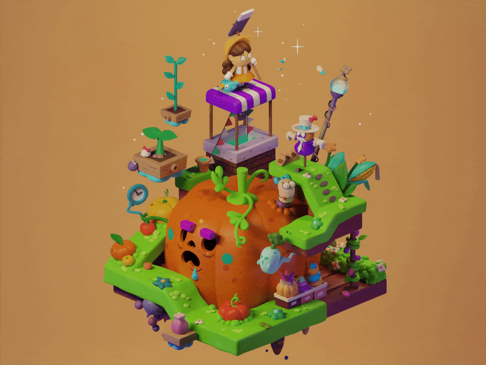 Strange field (animated) 2d 3d 3d art animation blender character digital art diorama game illustration isometric land low poly modeling plant pumpkin render