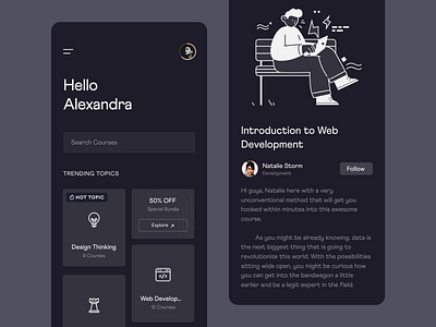 Learner app dark mode akhil sunny course dark dark mode dark ui design education icons illustration learner learning lessons minimal mobile app mobile ui online learning pixalchemy ui ux virtual learning