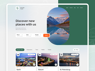 Avocado Travel — Landing 2021 app booking clean design figma landing landing page minimal mobile tourism travel ui web