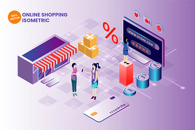 Isometric Online Shopping Vector Illustration 3d animation 3d art 3d illustration app business commerce credit credit card digital illustration internet isometric online page payment retail shop shopping vector web