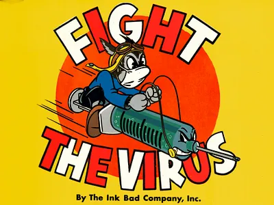 Fight The Virus ad boy cartoon cat character design covid drawing graphic design illustration ink bad company lettering mascot old school pandemic syringe typography vaccine