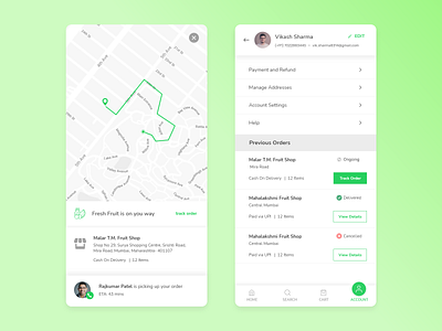 Fruit Delivery App ( Daily UI #029 ) daily ui dailyui029 dailyui29 delivery app food delivery fruit delivery map design maps mobile app ui mobile design mobile ui order tracking settings page track order tracking page ui ui design uiux