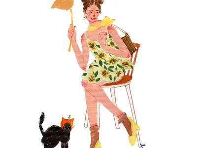 A Girl with the Black Cat cat collage color flower halloween illustration mixed media painting paper collage paperart